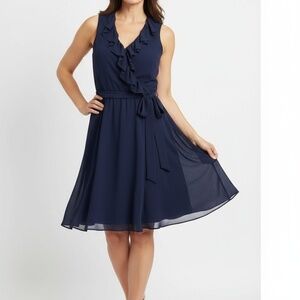 Lauren Ralph Lauren Navy Blue Sleeveless V-Neck Ruffle Trim Wrap Dress 8 NWOT